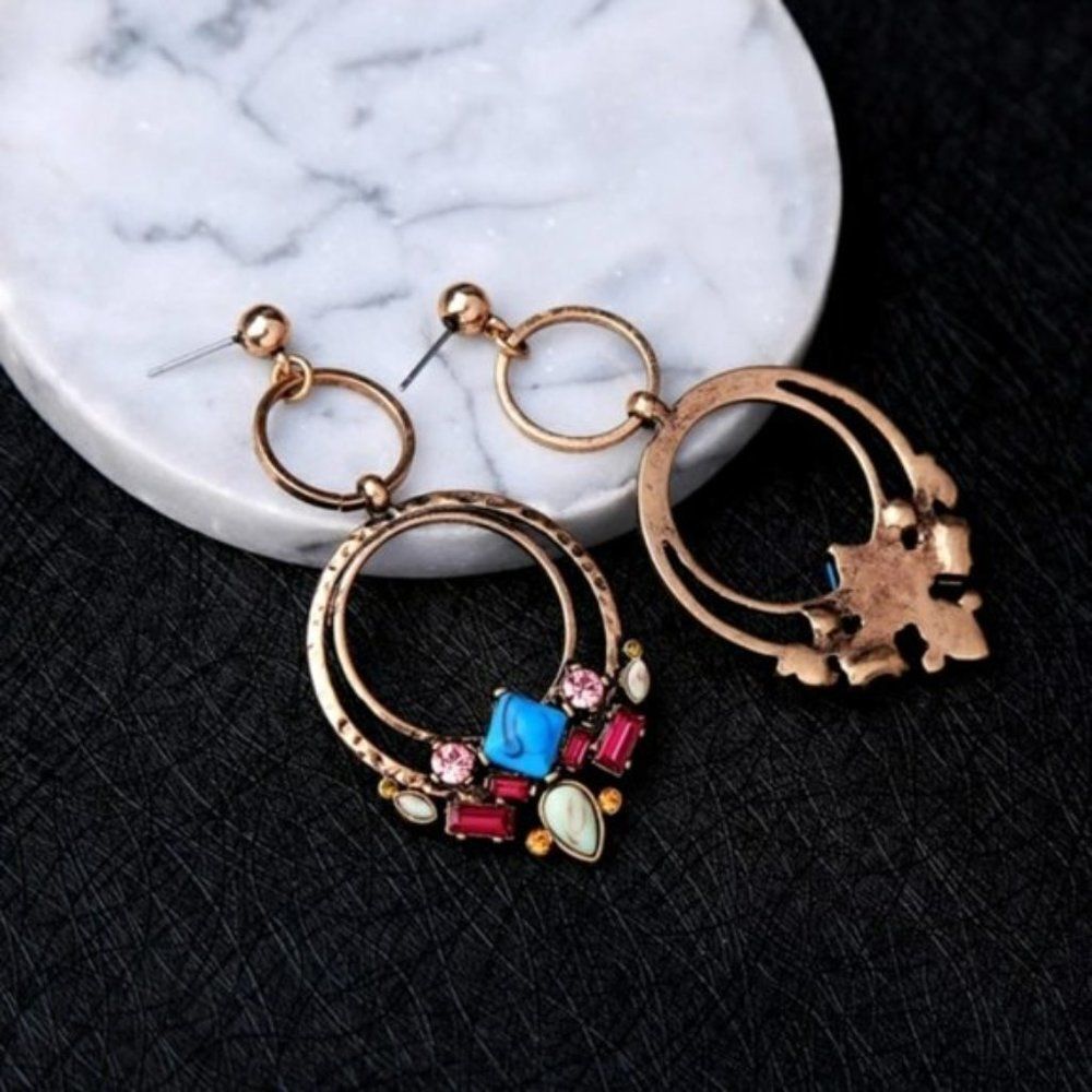 Turquoise Rhinestone Crystal Geometric Vintage Gold Dangle Statement Earrings - Picture 5 of 8